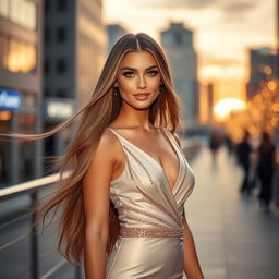 A stunningly beautiful model with long flowing hair, wearing an elegant evening gown that shimmers in the light