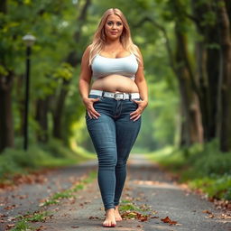 A beautiful and stunning woman with medium breasts, very wide, fat bulging hips, and thick round fat thighs
