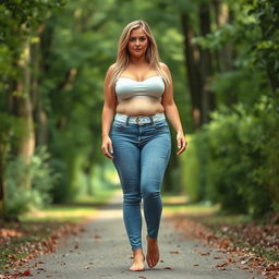 A beautiful and stunning woman with medium breasts, very wide, fat bulging hips, and thick round fat thighs