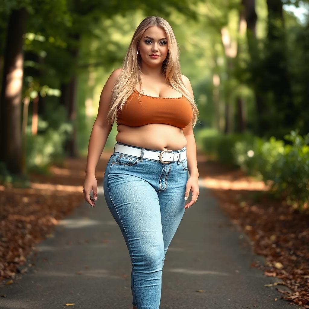 A beautiful and stunning woman with medium breasts, very wide, fat bulging hips, and thick round fat thighs