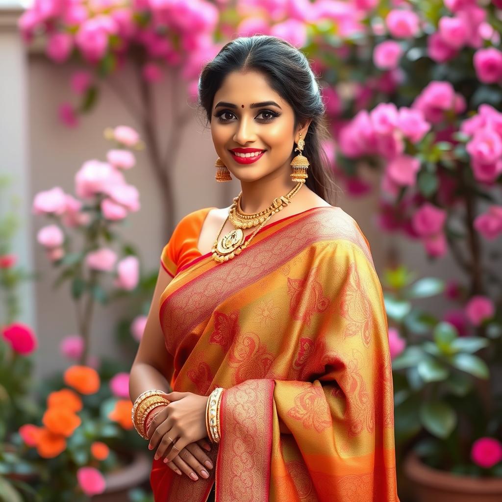 A beautiful Indian woman in traditional attire, showcasing her elegance, standing confidently in a vibrant saris with intricate designs