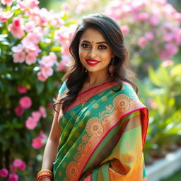 A beautiful Indian woman in traditional attire, showcasing her elegance, standing confidently in a vibrant saris with intricate designs