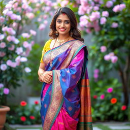 A beautiful Indian woman in traditional attire, showcasing her elegance, standing confidently in a vibrant saris with intricate designs