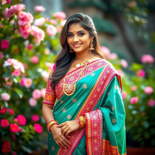 A beautiful Indian woman in traditional attire, showcasing her elegance, standing confidently in a vibrant saris with intricate designs