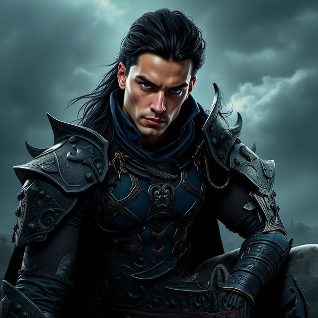 A dramatic portrait of a male warrior in full armor, standing in a powerful front view