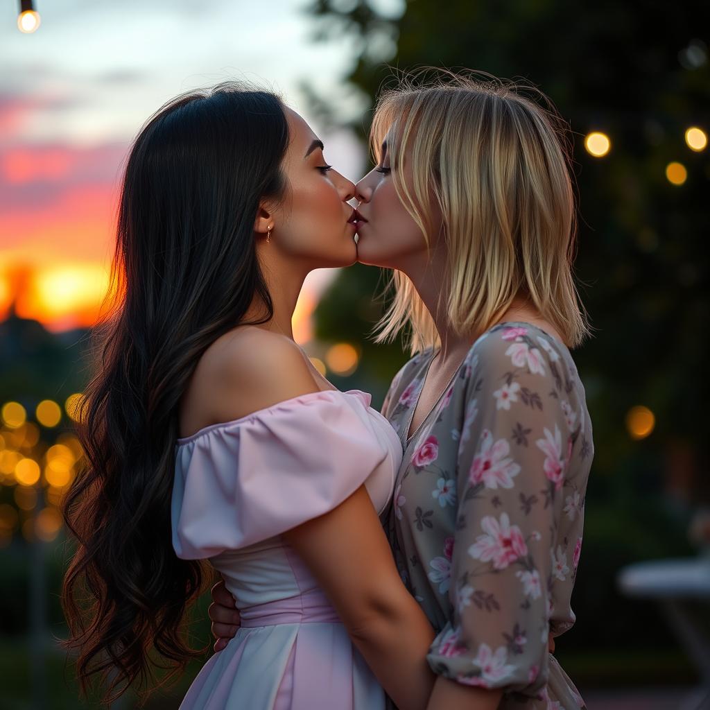 Two beautiful young women kissing passionately in a romantic setting, surrounded by soft, glowing fairy lights