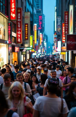A busy city street filled with diverse crowds, people walking in all directions, some holding shopping bags, others chatting