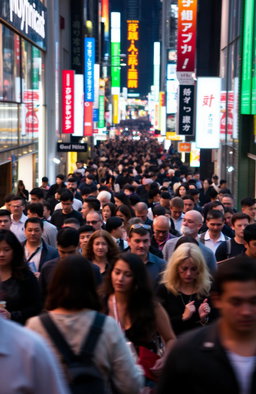 A busy city street filled with diverse crowds, people walking in all directions, some holding shopping bags, others chatting