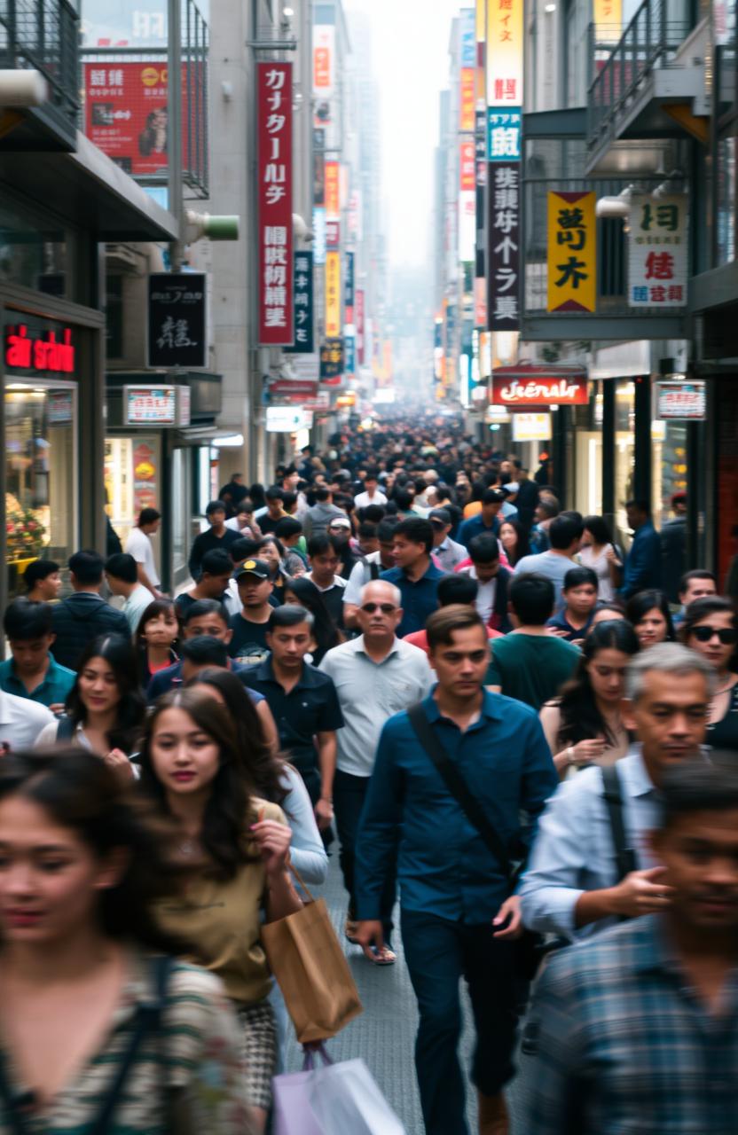A busy city street filled with diverse crowds, people walking in all directions, some holding shopping bags, others chatting