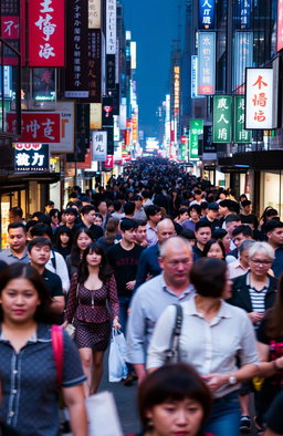 A busy city street filled with diverse crowds, people walking in all directions, some holding shopping bags, others chatting