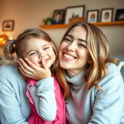 A heartwarming scene of a young girl gently kissing her mother on the cheek, showcasing a mother-daughter bond filled with love and affection