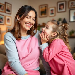 A heartwarming scene of a young girl gently kissing her mother on the cheek, showcasing a mother-daughter bond filled with love and affection
