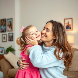 A heartwarming scene of a young girl gently kissing her mother on the cheek, showcasing a mother-daughter bond filled with love and affection
