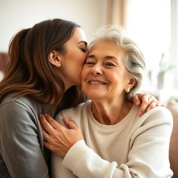 A close-up, warm moment showing a young woman passionately kissing her mother on the cheek, conveying a strong bond of love and intimacy