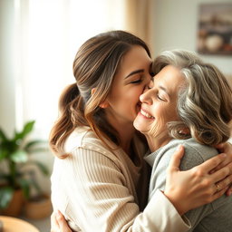 A close-up, warm moment showing a young woman passionately kissing her mother on the cheek, conveying a strong bond of love and intimacy
