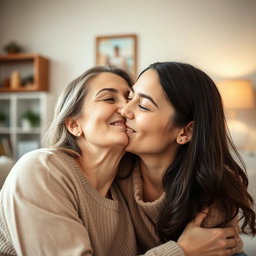 A close-up, warm moment showing a young woman passionately kissing her mother on the cheek, conveying a strong bond of love and intimacy