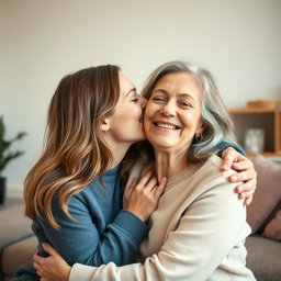 A close-up, warm moment showing a young woman passionately kissing her mother on the cheek, conveying a strong bond of love and intimacy