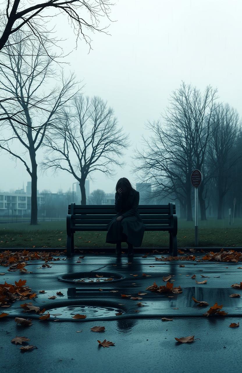 A melancholic scene depicting a solitary figure sitting on a park bench under a gray, overcast sky