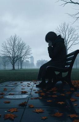 A melancholic scene depicting a solitary figure sitting on a park bench under a gray, overcast sky