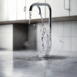 A photorealistic image of a metal pipe under a kitchen sink leaking water, the droplets caught midway as they splash on the tiled floor.