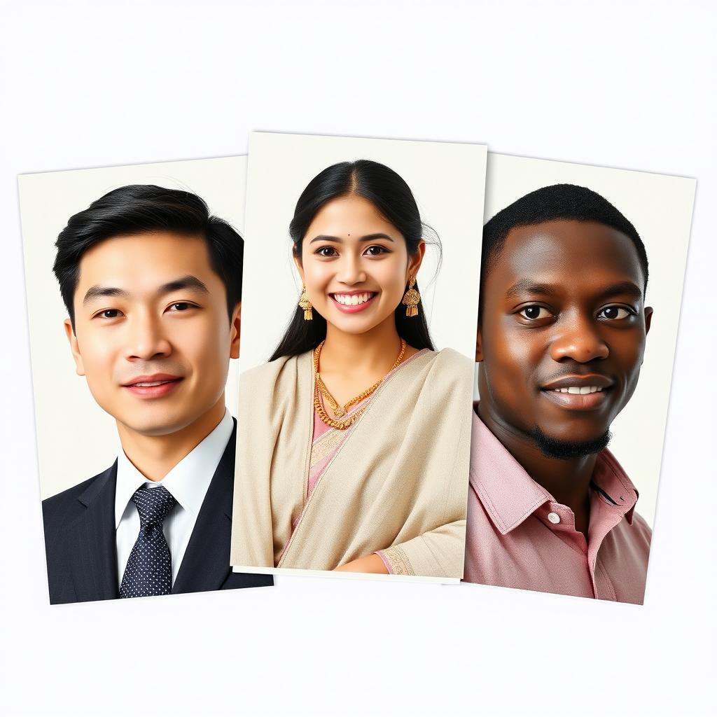 Three distinct passport-sized photos featuring individuals with diverse backgrounds and attire