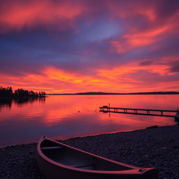 A stunning sunset over a serene lake, with vibrant orange and purple hues reflecting off the water