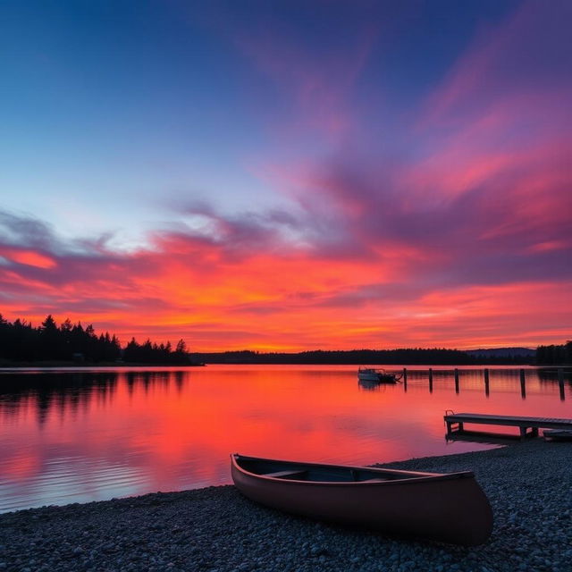 A stunning sunset over a serene lake, with vibrant orange and purple hues reflecting off the water