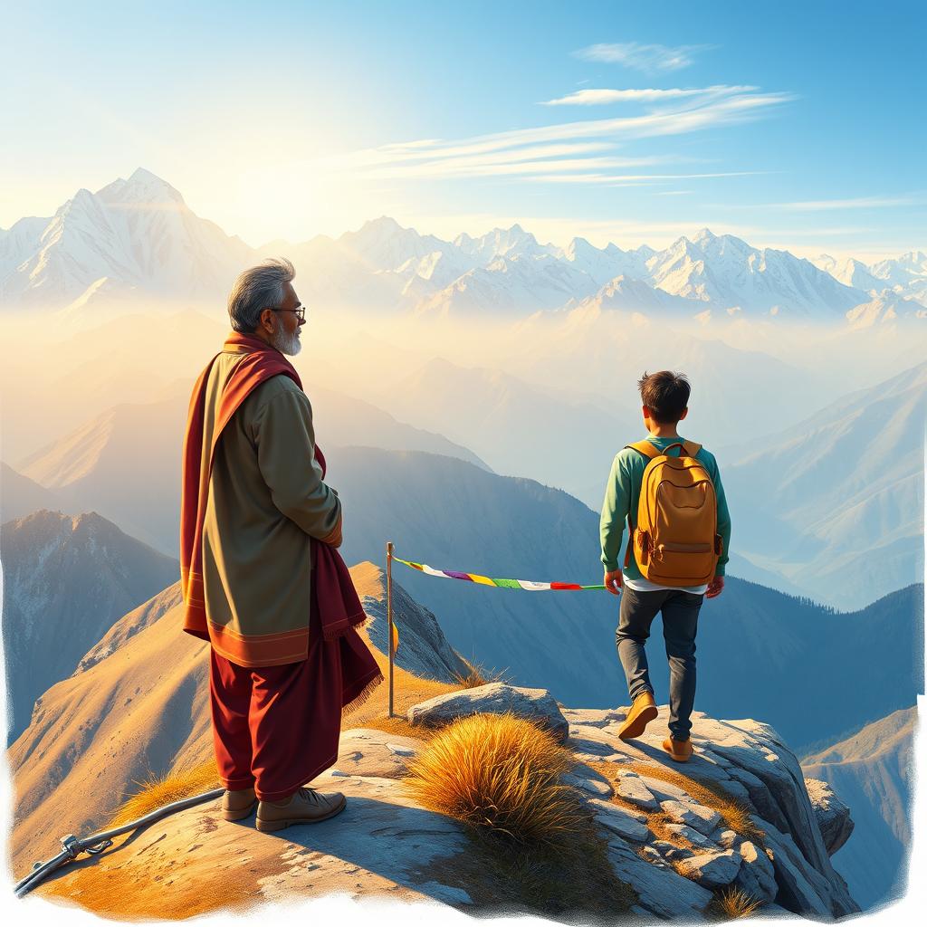 A touching scene illustrating a Nepali father standing on a majestic mountain ridge, proudly watching his son as he sets off for further studies