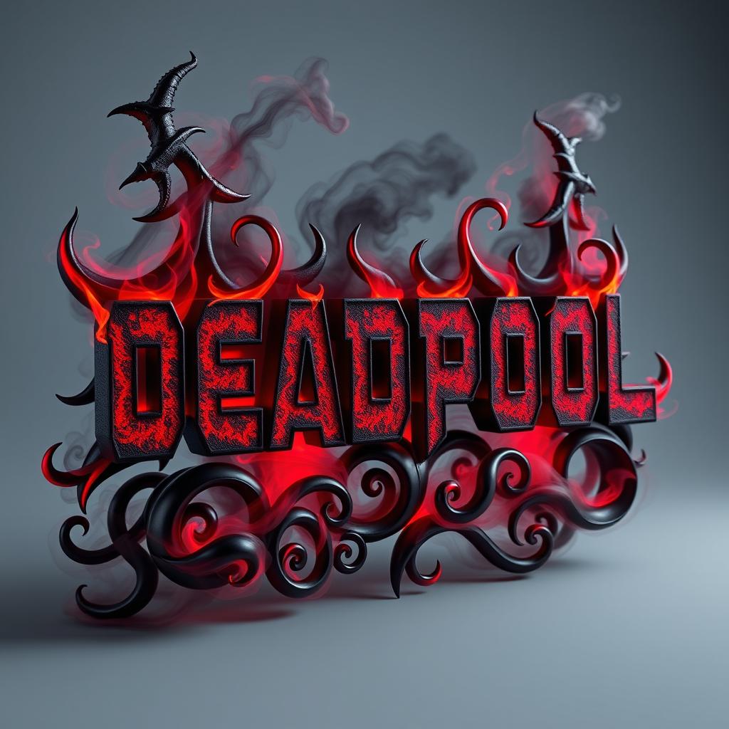 A captivating 3D representation of the word 'DEADPOOL' designed with a demonic flair