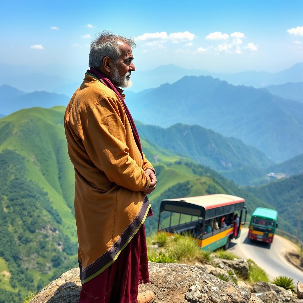 A heartfelt scene of a Nepali father standing atop a majestic mountain, gazing down with a mix of pride and sadness as he watches his son boarding a bus for further studies