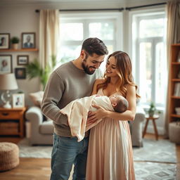 A heartwarming family scene featuring a husband and wife lovingly gazing at their adorable baby