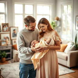 A heartwarming family scene featuring a husband and wife lovingly gazing at their adorable baby