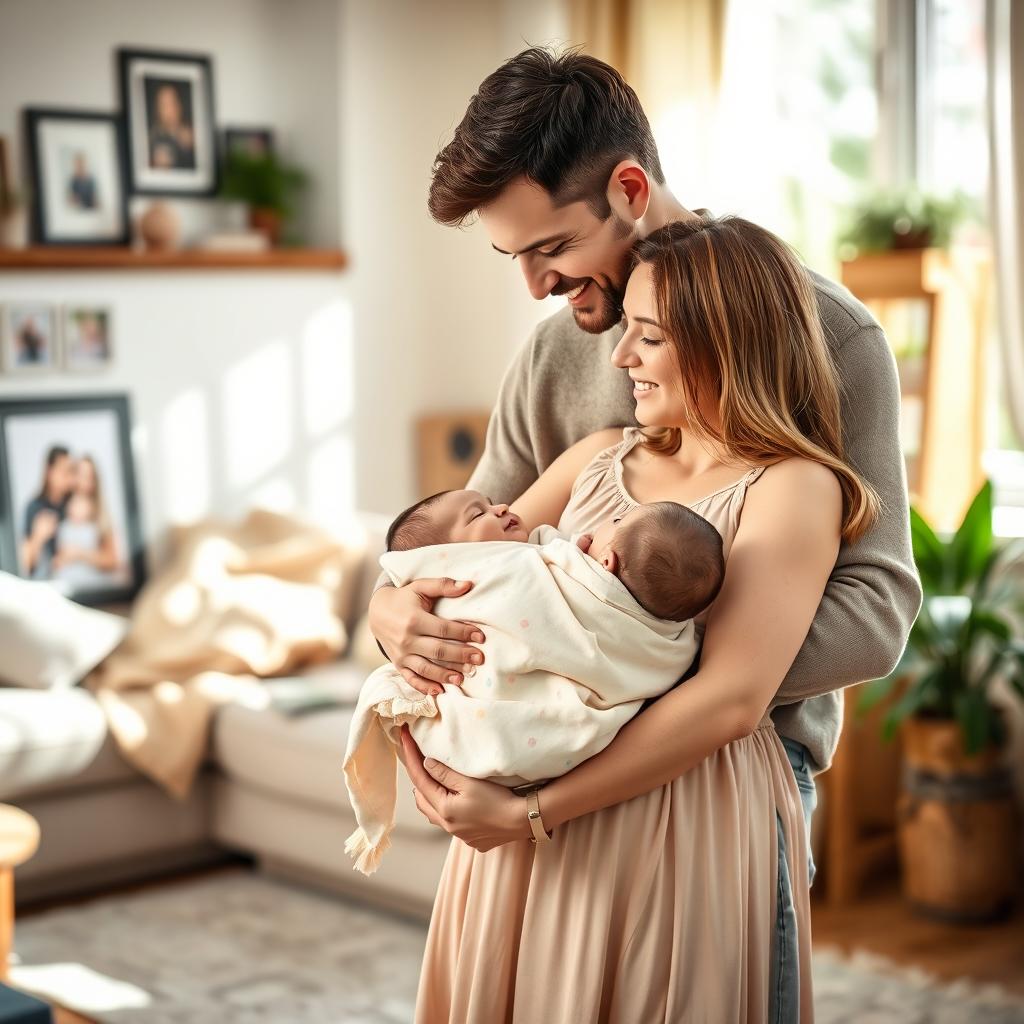A heartwarming family scene featuring a husband and wife lovingly gazing at their adorable baby