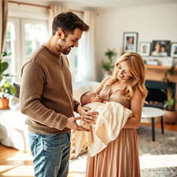 A heartwarming family scene featuring a husband and wife lovingly gazing at their adorable baby