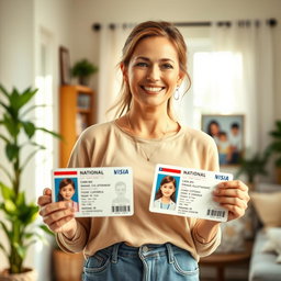 A nurturing mother figure, radiating warmth and love, stands confidently while holding two national ID cards, showcasing her strength and responsibility
