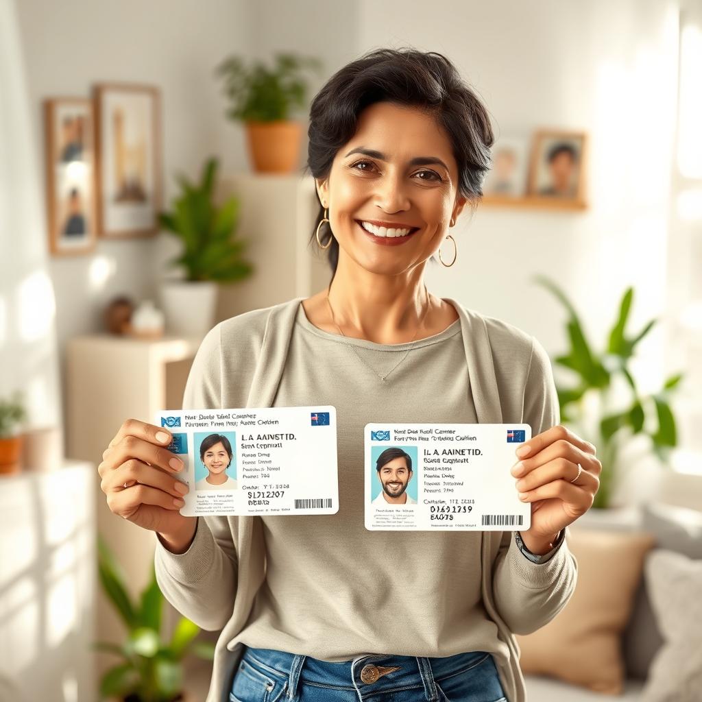 A nurturing mother figure, radiating warmth and love, stands confidently while holding two national ID cards, showcasing her strength and responsibility