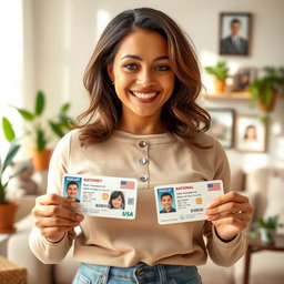 A nurturing mother figure, radiating warmth and love, stands confidently while holding two national ID cards, showcasing her strength and responsibility