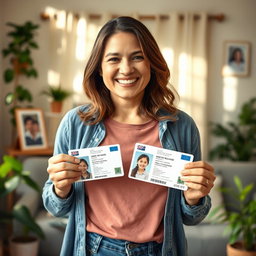 A nurturing mother figure, radiating warmth and love, stands confidently while holding two national ID cards, showcasing her strength and responsibility