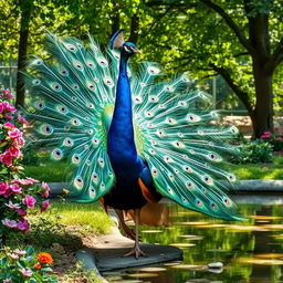 An elegant peacock displaying its magnificent, iridescent feathers fully fanned out, showcasing a dazzling array of vibrant blues, greens, and hints of gold