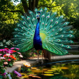 An elegant peacock displaying its magnificent, iridescent feathers fully fanned out, showcasing a dazzling array of vibrant blues, greens, and hints of gold