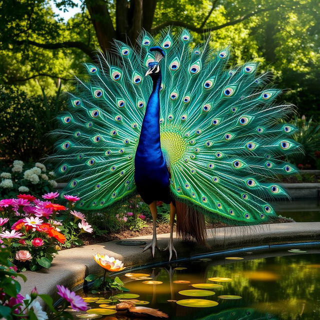 An elegant peacock displaying its magnificent, iridescent feathers fully fanned out, showcasing a dazzling array of vibrant blues, greens, and hints of gold