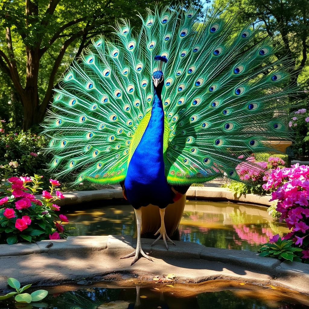 An elegant peacock displaying its magnificent, iridescent feathers fully fanned out, showcasing a dazzling array of vibrant blues, greens, and hints of gold