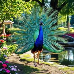 An elegant peacock displaying its magnificent, iridescent feathers fully fanned out, showcasing a dazzling array of vibrant blues, greens, and hints of gold