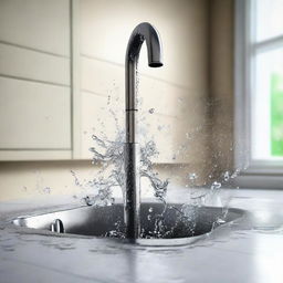 A photorealistic image of a metal pipe under a kitchen sink leaking water, the droplets caught midway as they splash on the tiled floor.