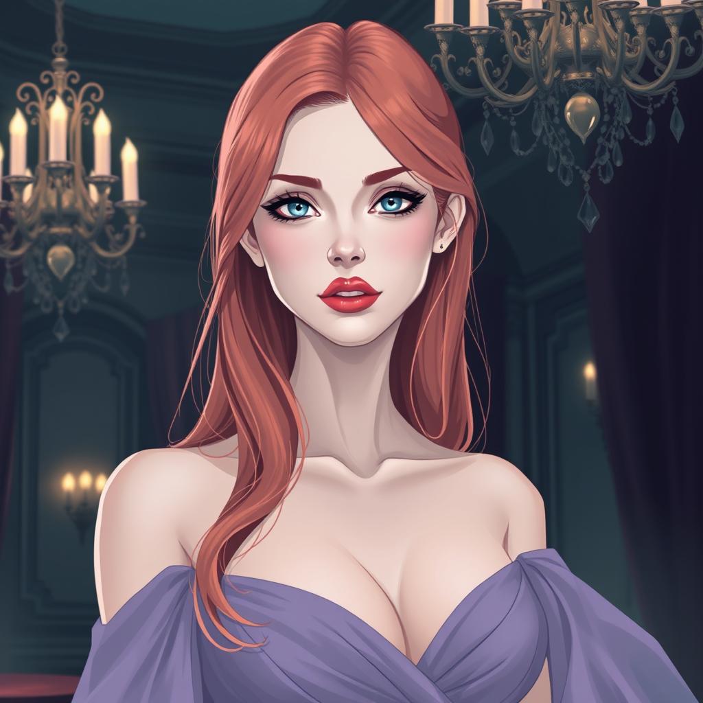 A graphic illustrative image of a pale woman with icy blue eyes and rose gold hair that falls past her shoulders