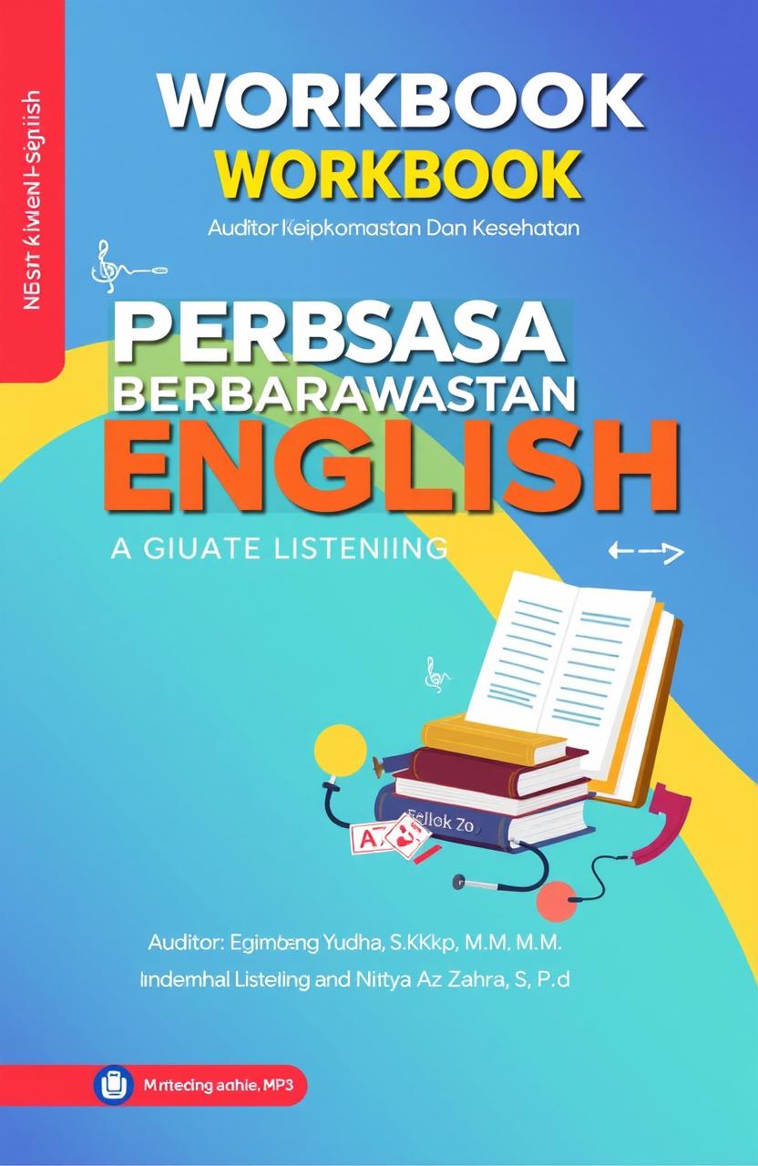 A visually appealing workbook cover design for a nursing and health-themed English workbook titled "WORKBOOK PINTAR BERBAHASA ENGLISH UNTUK KEPERAWATAN DAN KESEHATAN"