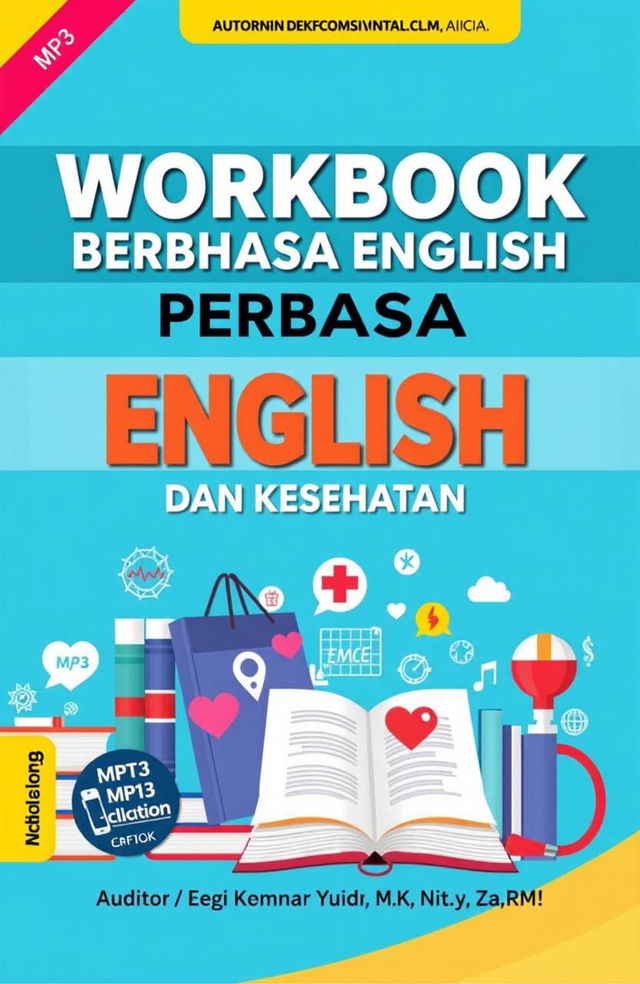 A visually appealing workbook cover design for a nursing and health-themed English workbook titled "WORKBOOK PINTAR BERBAHASA ENGLISH UNTUK KEPERAWATAN DAN KESEHATAN"