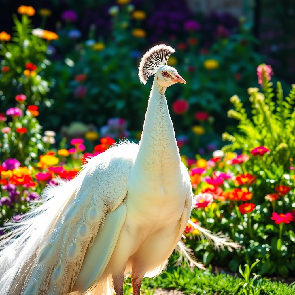 A majestic white peacock displayed in full plumage, showcasing its iridescent feathers with intricate patterns, set against a lush, vibrant garden background filled with colorful flowers and greenery