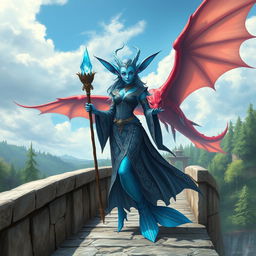 A female blue merfolk wizard with vibrant blue skin and large, expressive ears stands confidently on a majestic stone bridge