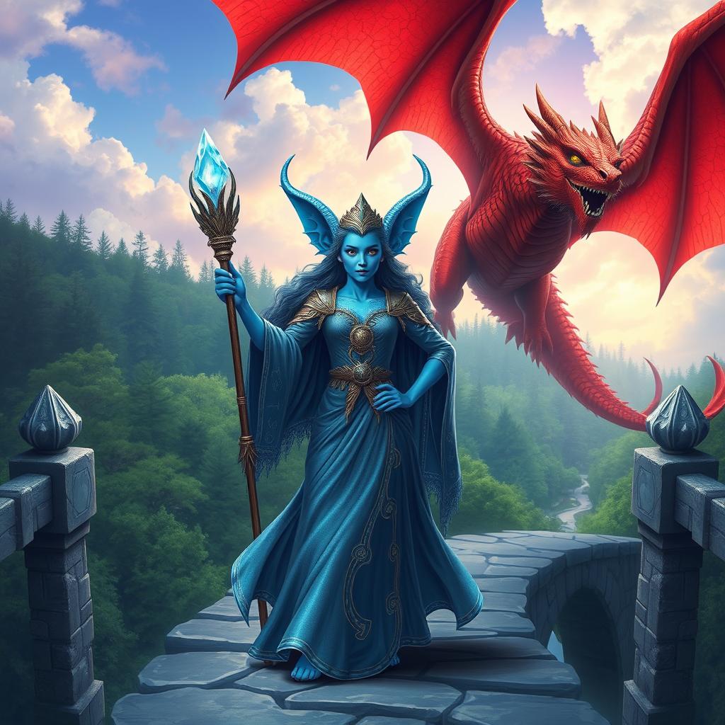 A female blue merfolk wizard with vibrant blue skin and large, expressive ears stands confidently on a majestic stone bridge